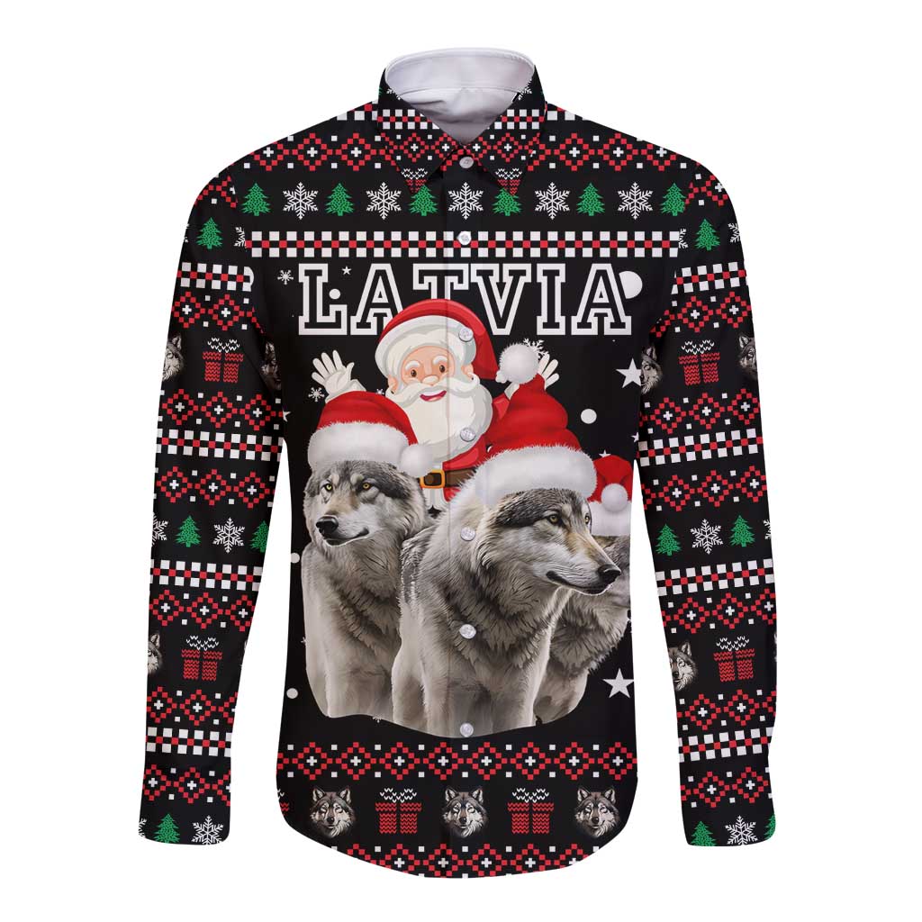 Latvia Christmas Long Sleeve Button Shirt with Santa Claus and Wolves in Holiday Pattern Design - Wonder Print Shop