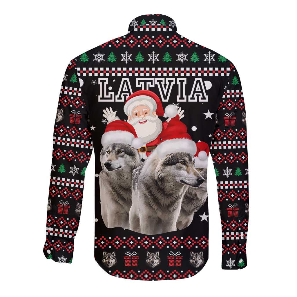 Latvia Christmas Long Sleeve Button Shirt with Santa Claus and Wolves in Holiday Pattern Design - Wonder Print Shop