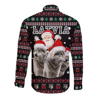 Latvia Christmas Long Sleeve Button Shirt with Santa Claus and Wolves in Holiday Pattern Design - Wonder Print Shop
