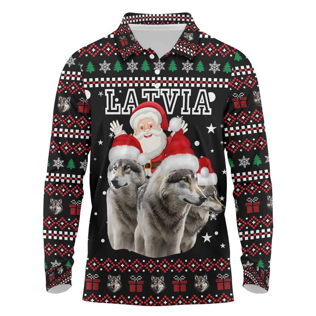 Latvia Christmas Long Sleeve Polo Shirt with Santa Claus and Wolves in Holiday Pattern Design - Wonder Print Shop