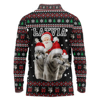 Latvia Christmas Long Sleeve Polo Shirt with Santa Claus and Wolves in Holiday Pattern Design - Wonder Print Shop