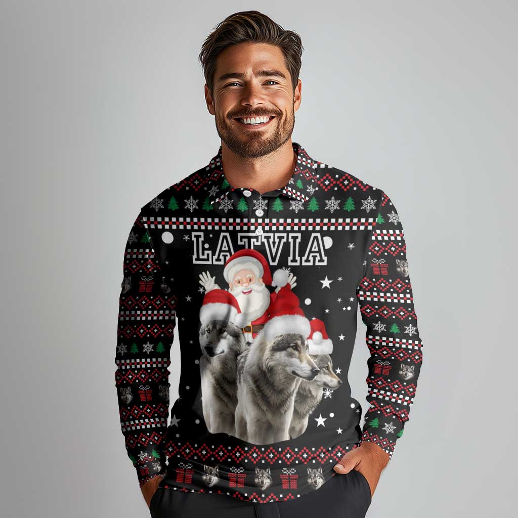 Latvia Christmas Long Sleeve Polo Shirt with Santa Claus and Wolves in Holiday Pattern Design - Wonder Print Shop