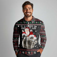 Latvia Christmas Long Sleeve Polo Shirt with Santa Claus and Wolves in Holiday Pattern Design - Wonder Print Shop
