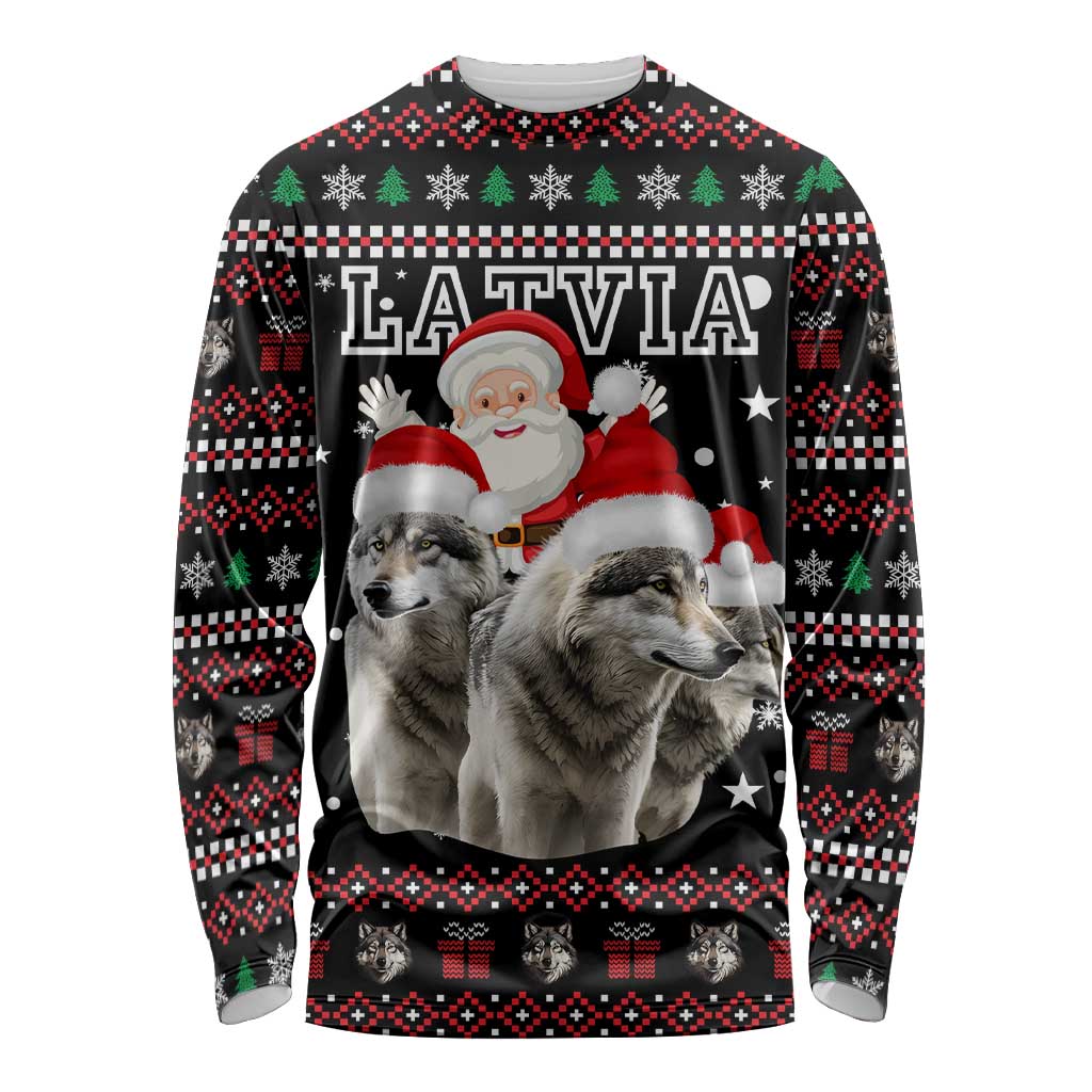 Latvia Christmas Long Sleeve Shirt with Santa Claus and Wolves in Holiday Pattern Design - Wonder Print Shop