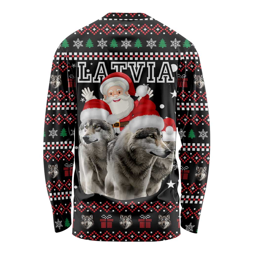 Latvia Christmas Long Sleeve Shirt with Santa Claus and Wolves in Holiday Pattern Design - Wonder Print Shop