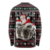 Latvia Christmas Long Sleeve Shirt with Santa Claus and Wolves in Holiday Pattern Design - Wonder Print Shop
