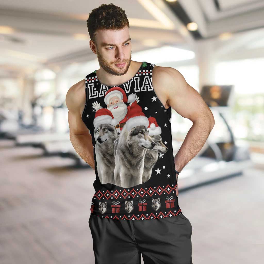 Latvia Christmas Men Tank Top with Santa Claus and Wolves in Holiday Pattern Design - Wonder Print Shop