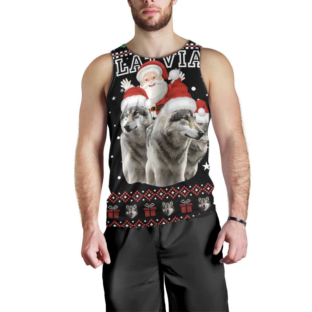 Latvia Christmas Men Tank Top with Santa Claus and Wolves in Holiday Pattern Design - Wonder Print Shop