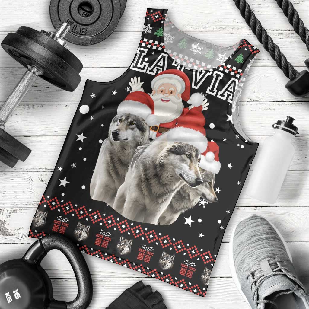 Latvia Christmas Men Tank Top with Santa Claus and Wolves in Holiday Pattern Design - Wonder Print Shop
