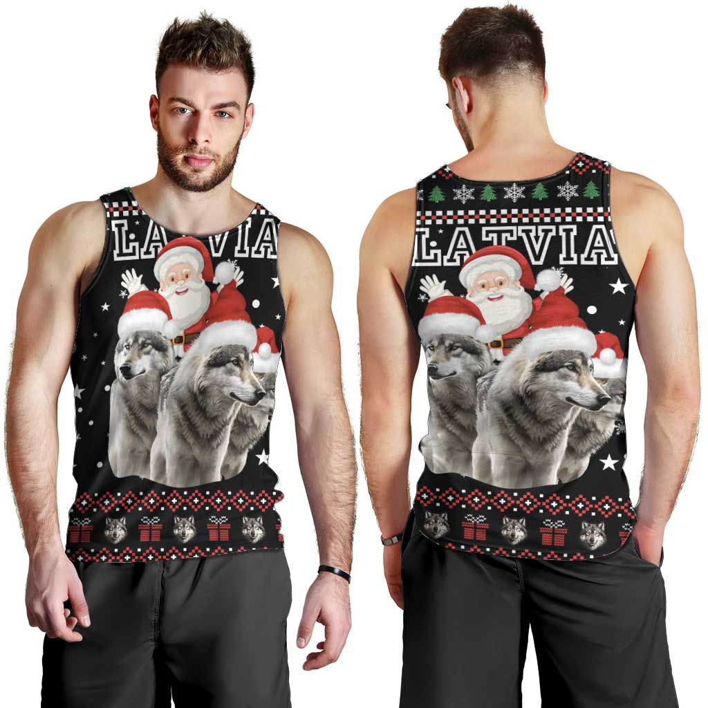Latvia Christmas Men Tank Top with Santa Claus and Wolves in Holiday Pattern Design - Wonder Print Shop