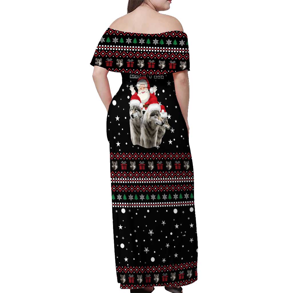 Latvia Christmas Off Shoulder Maxi Dress with Santa Claus and Wolves in Holiday Pattern Design - Wonder Print Shop