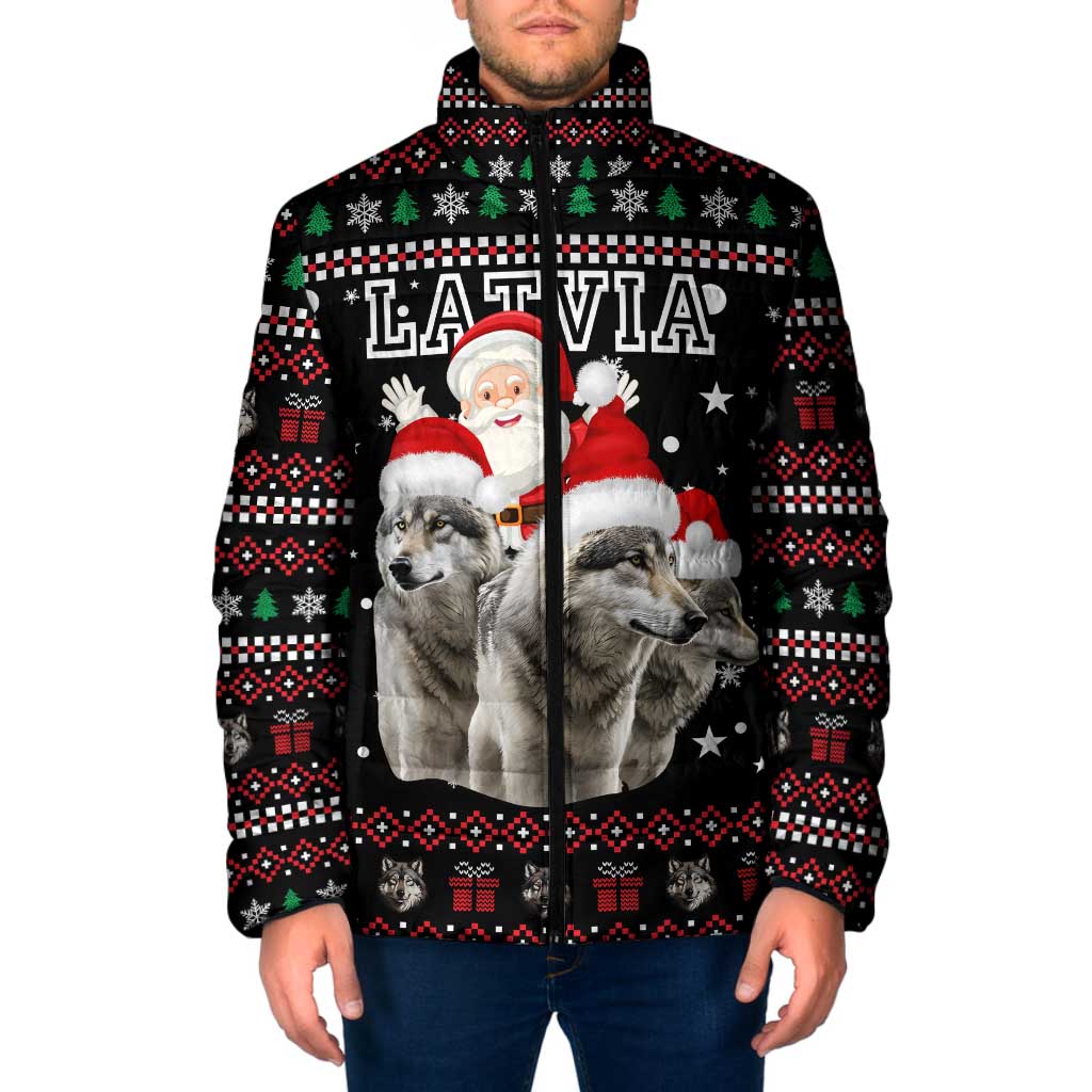 Latvia Christmas Padded Jacket with Santa Claus and Wolves in Holiday Pattern Design - Wonder Print Shop