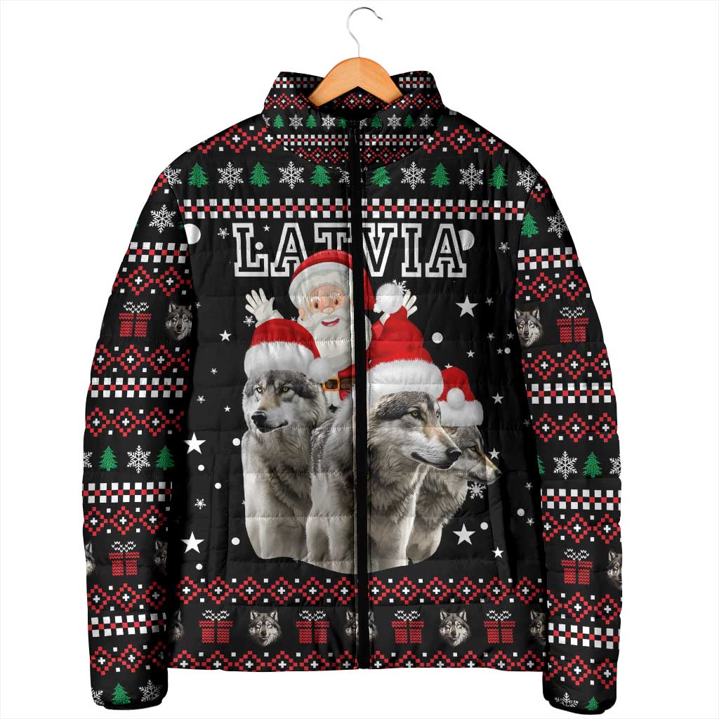 Latvia Christmas Padded Jacket with Santa Claus and Wolves in Holiday Pattern Design - Wonder Print Shop