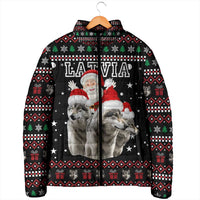 Latvia Christmas Padded Jacket with Santa Claus and Wolves in Holiday Pattern Design - Wonder Print Shop