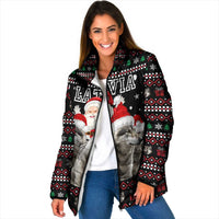 Latvia Christmas Padded Jacket with Santa Claus and Wolves in Holiday Pattern Design - Wonder Print Shop