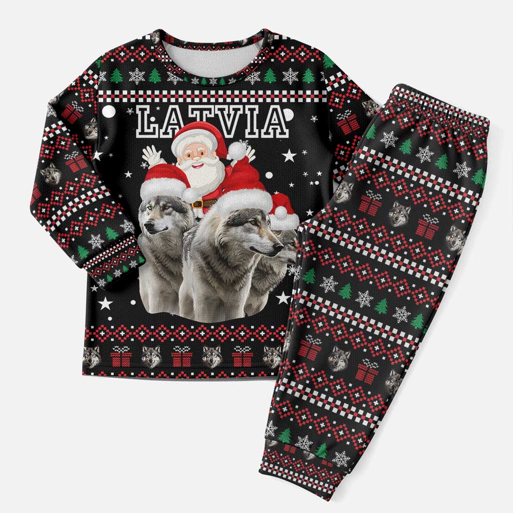 Latvia Christmas Pajama Set with Santa Claus and Wolves in Holiday Pattern Design - Wonder Print Shop