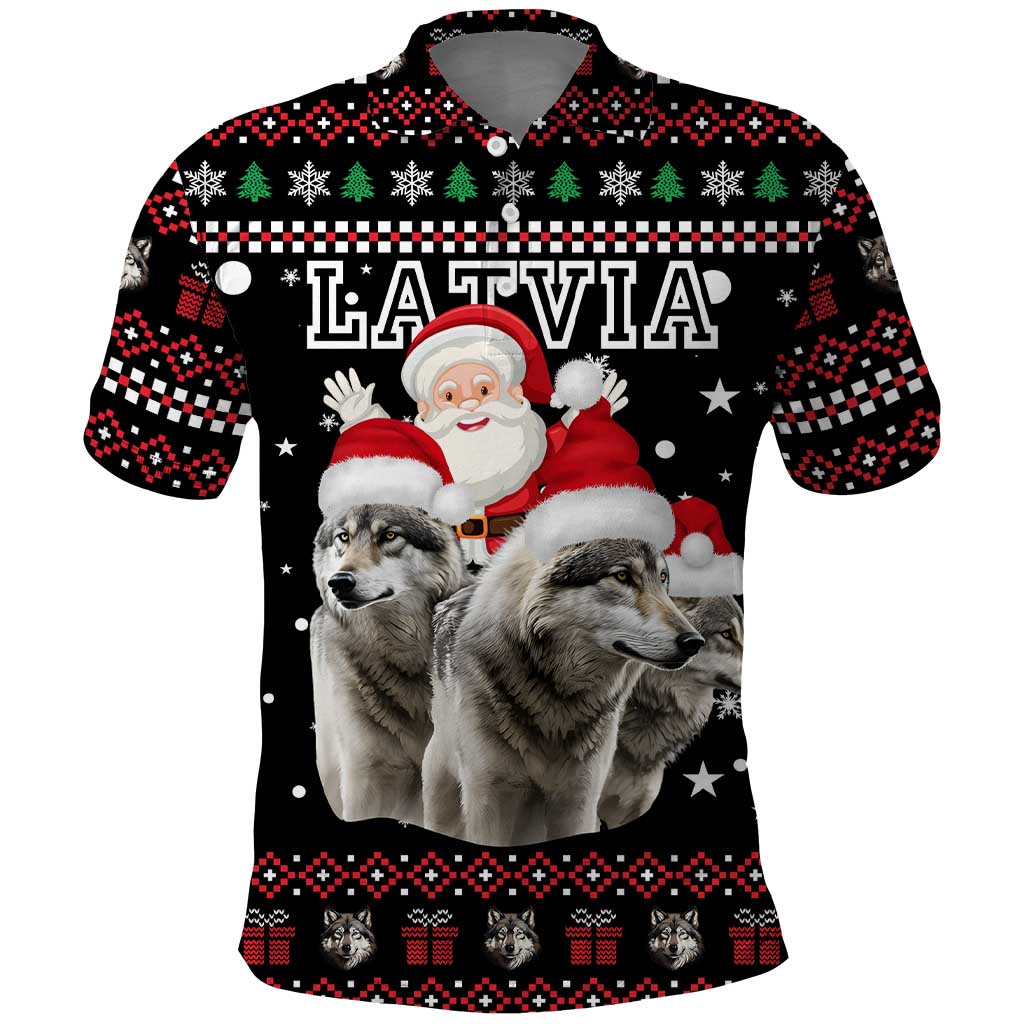 Latvia Christmas Polo Shirt with Santa Claus and Wolves in Holiday Pattern Design - Wonder Print Shop
