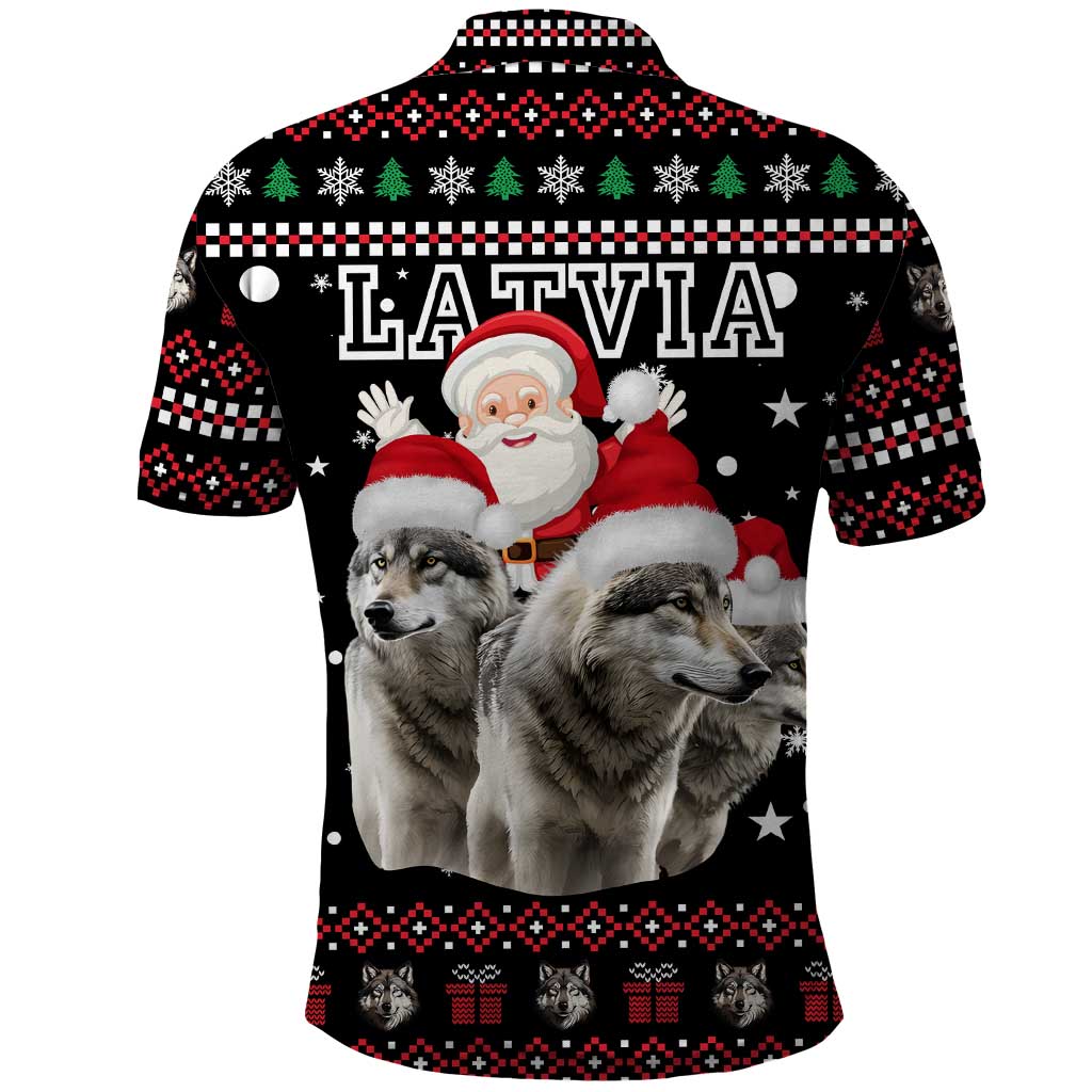 Latvia Christmas Polo Shirt with Santa Claus and Wolves in Holiday Pattern Design - Wonder Print Shop