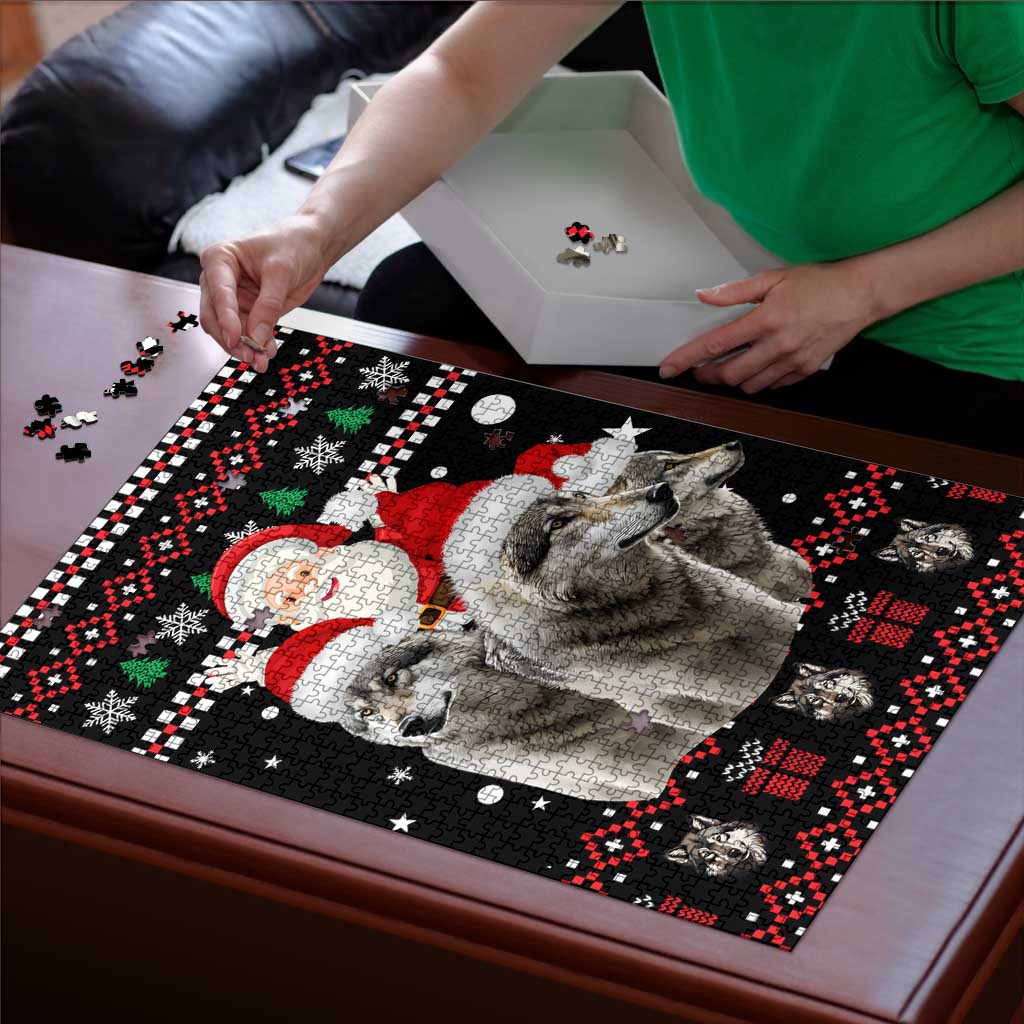 Latvia Christmas Puzzle with Santa Claus and Wolves in Holiday Pattern Design - Wonder Print Shop