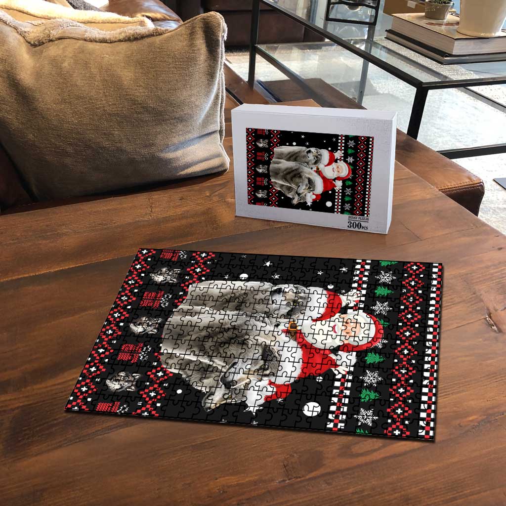 Latvia Christmas Puzzle with Santa Claus and Wolves in Holiday Pattern Design - Wonder Print Shop