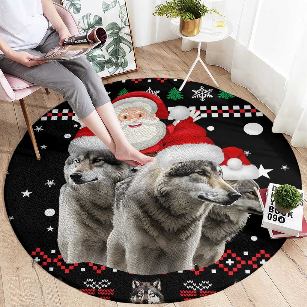 Latvia Christmas Round Carpet with Santa Claus and Wolves in Holiday Pattern Design - Wonder Print Shop