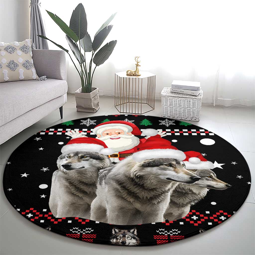 Latvia Christmas Round Carpet with Santa Claus and Wolves in Holiday Pattern Design - Wonder Print Shop