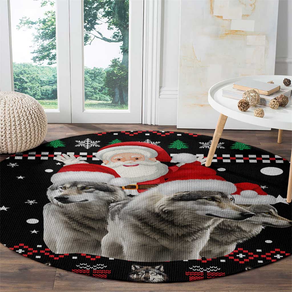 Latvia Christmas Round Carpet with Santa Claus and Wolves in Holiday Pattern Design - Wonder Print Shop