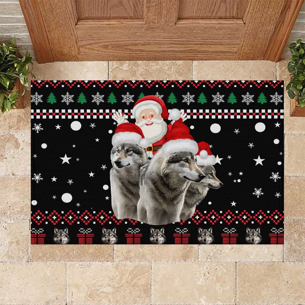 Latvia Christmas Rubber Doormat with Santa Claus and Wolves in Holiday Pattern Design - Wonder Print Shop