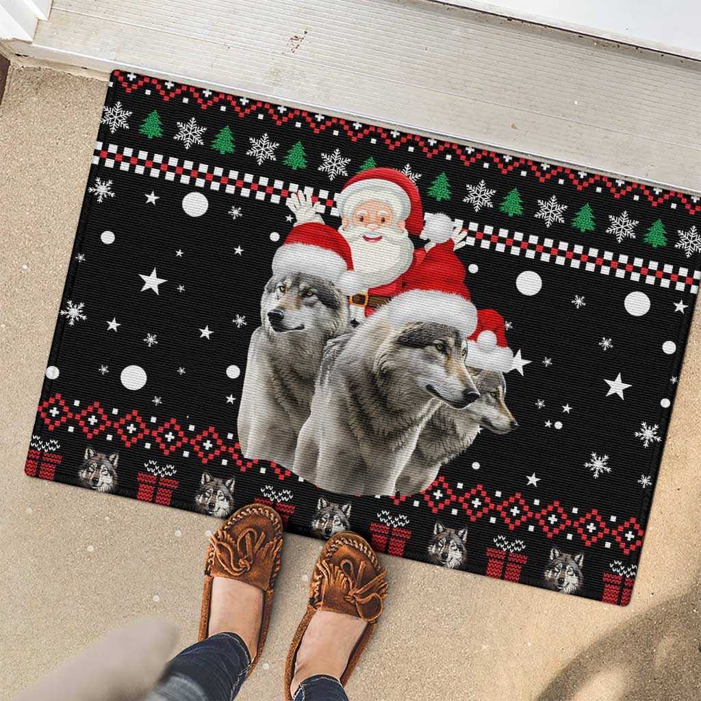 Latvia Christmas Rubber Doormat with Santa Claus and Wolves in Holiday Pattern Design - Wonder Print Shop