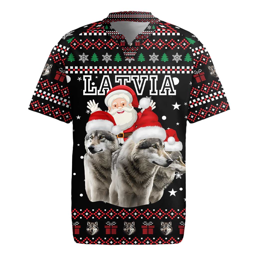 Latvia Christmas Rugby Jersey with Santa Claus and Wolves in Holiday Pattern Design - Wonder Print Shop