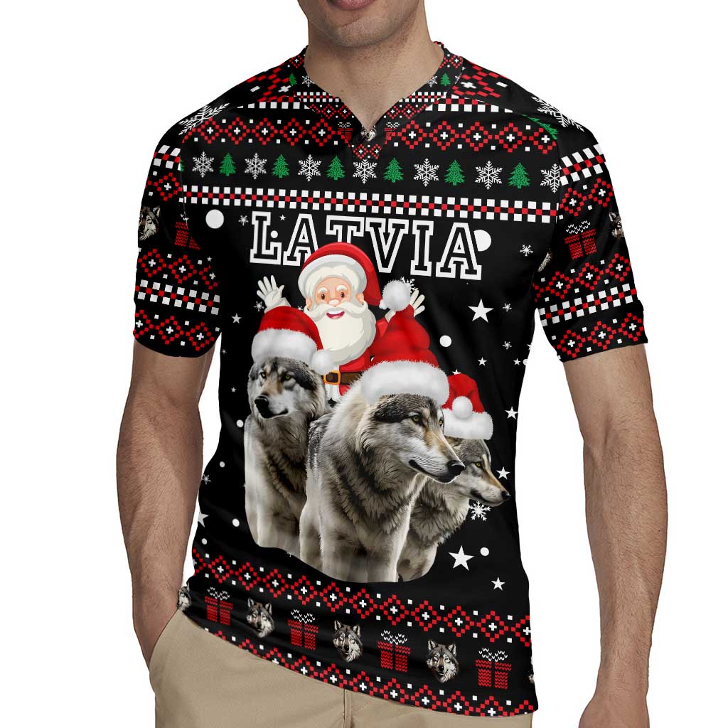 Latvia Christmas Rugby Jersey with Santa Claus and Wolves in Holiday Pattern Design - Wonder Print Shop