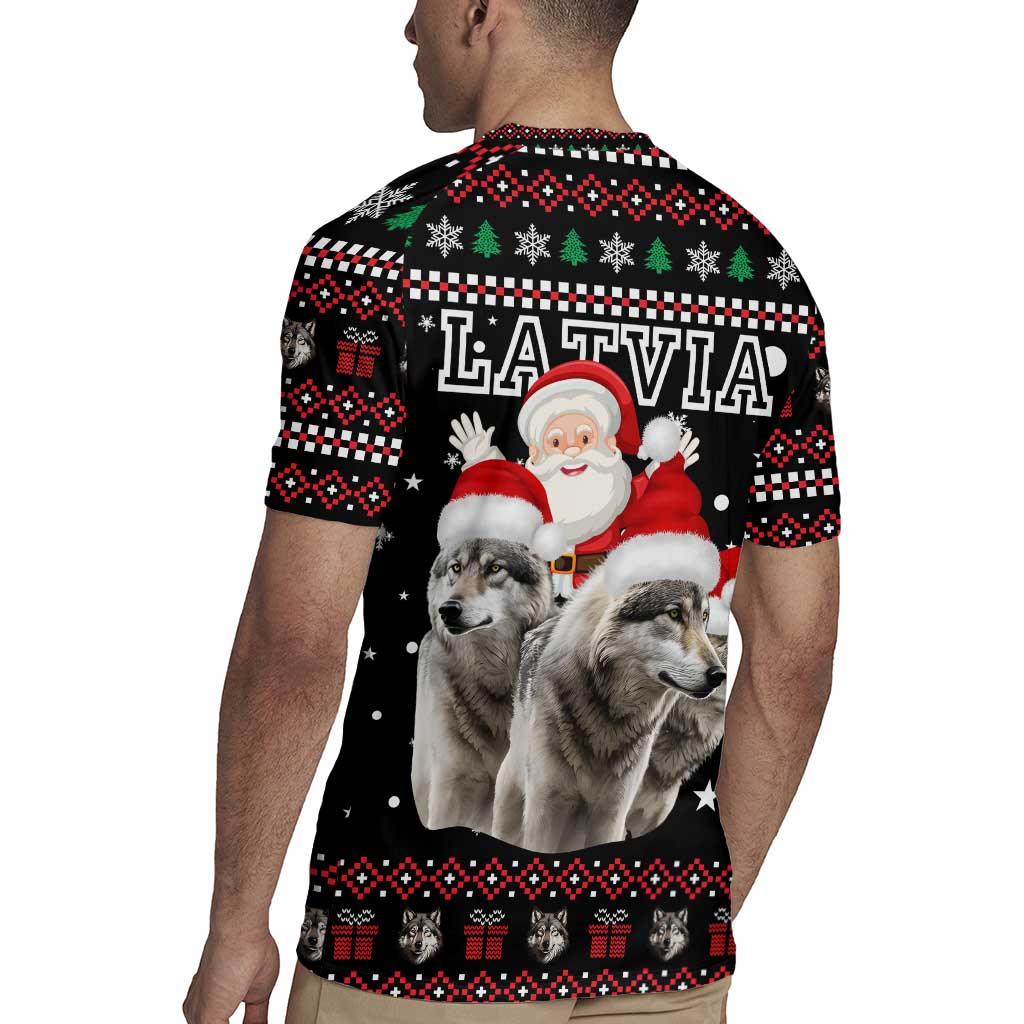 Latvia Christmas Rugby Jersey with Santa Claus and Wolves in Holiday Pattern Design - Wonder Print Shop