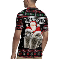 Latvia Christmas Rugby Jersey with Santa Claus and Wolves in Holiday Pattern Design - Wonder Print Shop