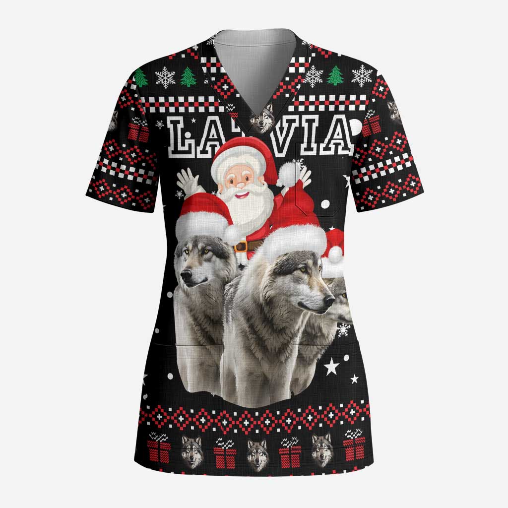 Latvia Christmas Scrub Top with Santa Claus and Wolves in Holiday Pattern Design - Wonder Print Shop