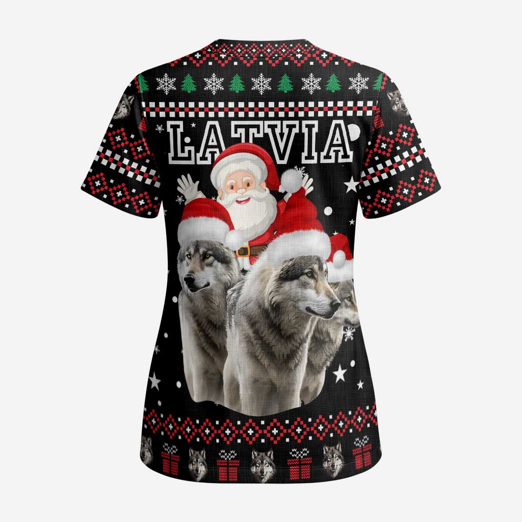 Latvia Christmas Scrub Top with Santa Claus and Wolves in Holiday Pattern Design - Wonder Print Shop