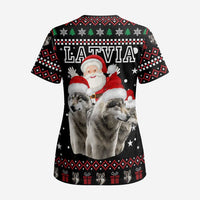 Latvia Christmas Scrub Top with Santa Claus and Wolves in Holiday Pattern Design - Wonder Print Shop