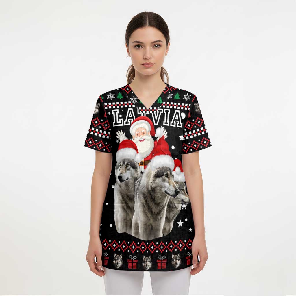 Latvia Christmas Scrub Top with Santa Claus and Wolves in Holiday Pattern Design - Wonder Print Shop