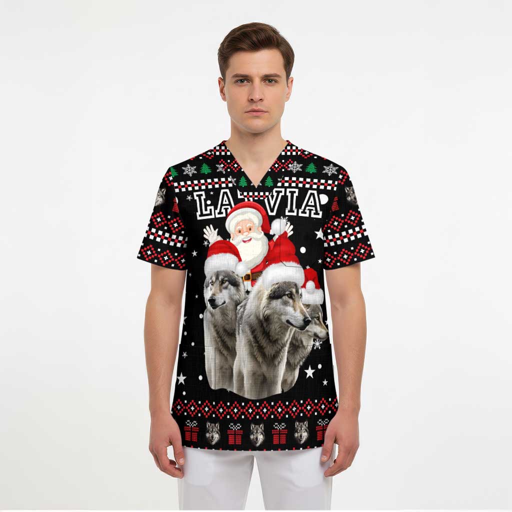 Latvia Christmas Scrub Top with Santa Claus and Wolves in Holiday Pattern Design - Wonder Print Shop