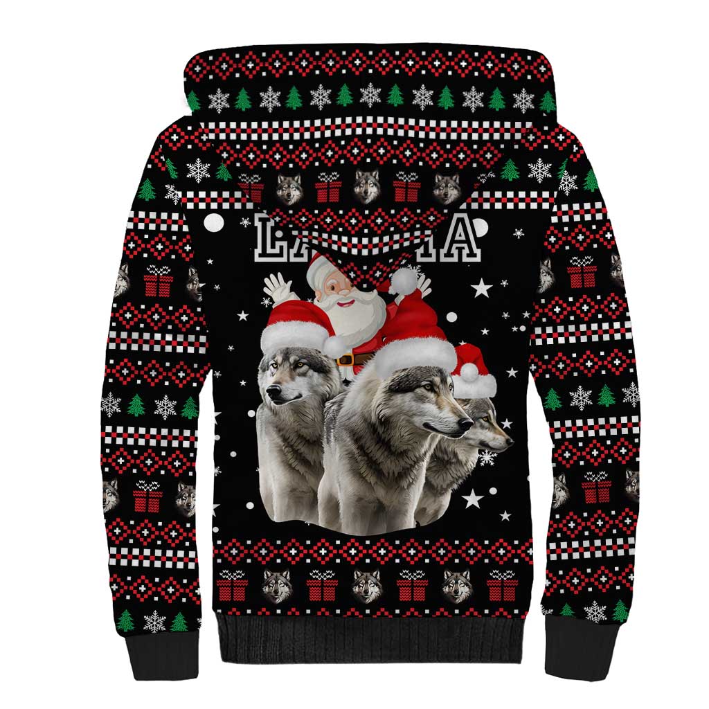 Latvia Christmas Sherpa Hoodie with Santa Claus and Wolves in Holiday Pattern Design - Wonder Print Shop