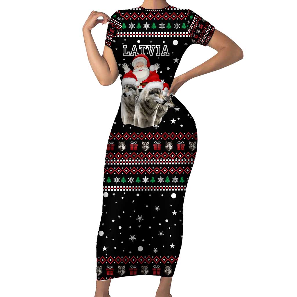 Latvia Christmas Short Sleeve Bodycon Dress with Santa Claus and Wolves in Holiday Pattern Design - Wonder Print Shop