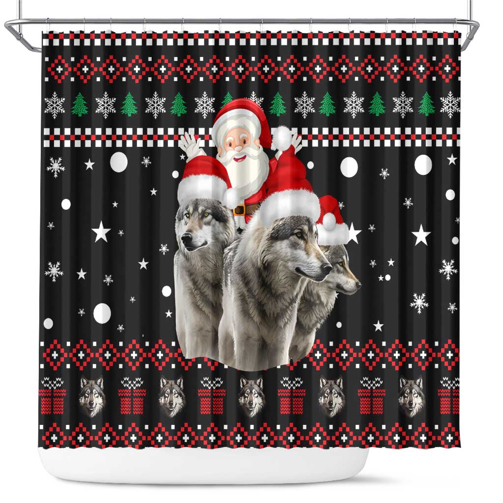 Latvia Christmas Shower Curtain with Santa Claus and Wolves in Holiday Pattern Design - Wonder Print Shop