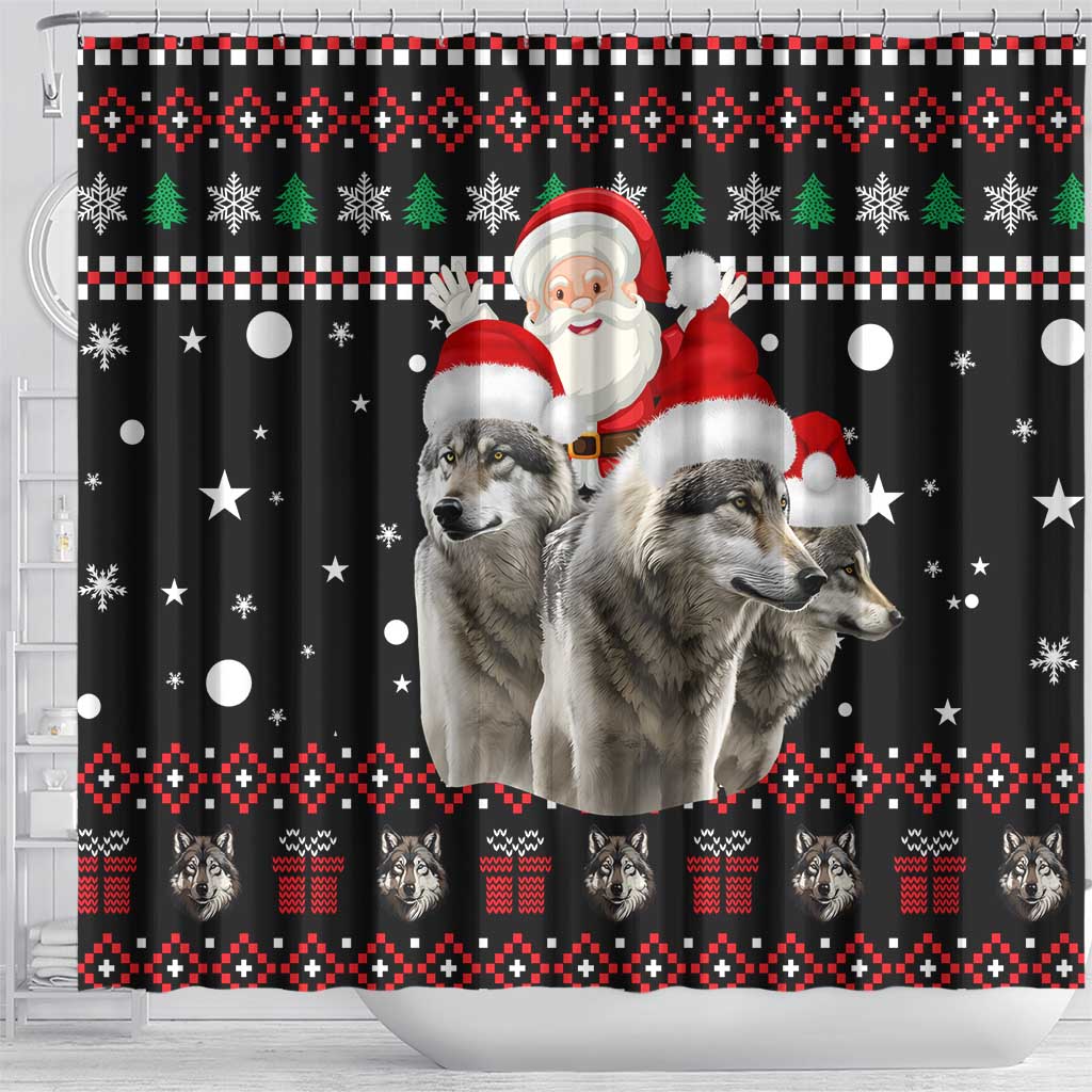 Latvia Christmas Shower Curtain with Santa Claus and Wolves in Holiday Pattern Design - Wonder Print Shop