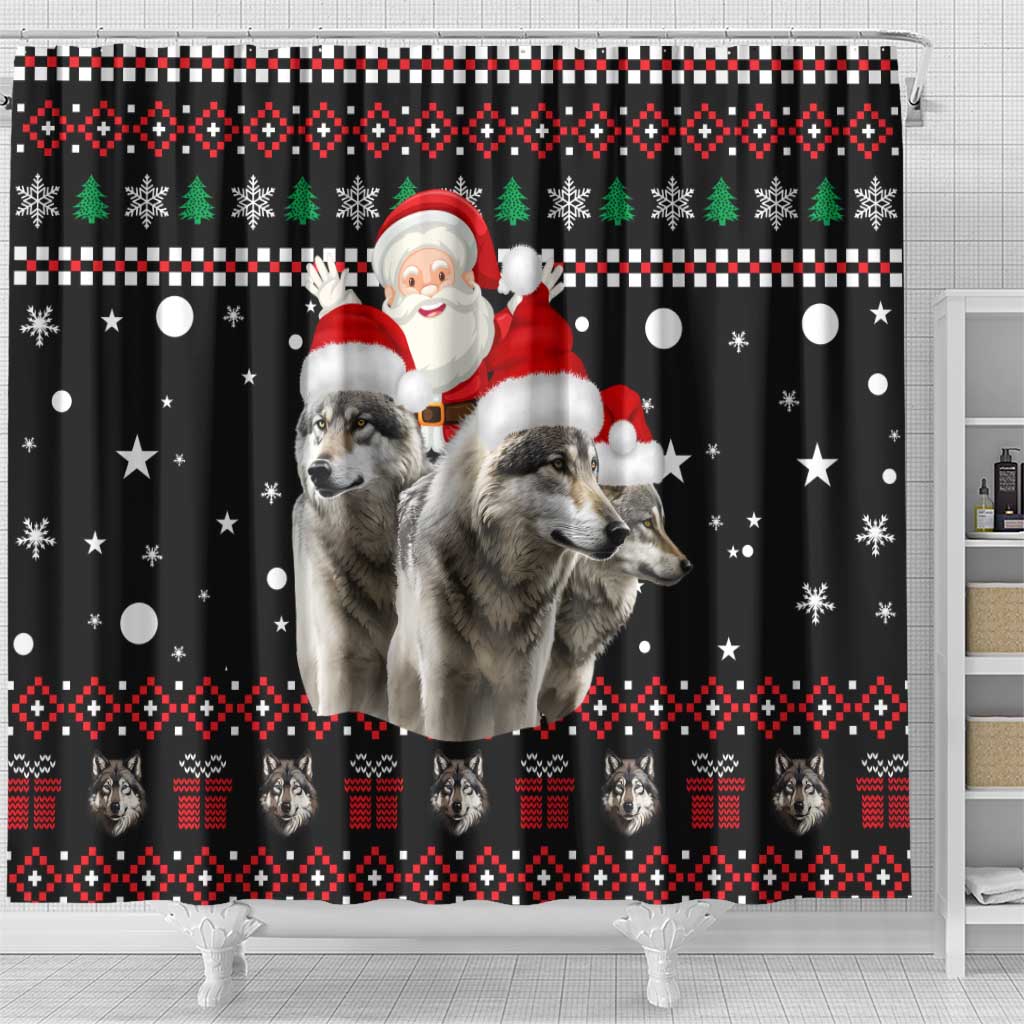 Latvia Christmas Shower Curtain with Santa Claus and Wolves in Holiday Pattern Design - Wonder Print Shop