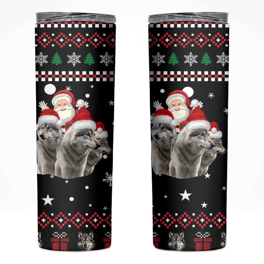 Latvia Christmas Skinny Tumbler with Santa Claus and Wolves in Holiday Pattern Design - Wonder Print Shop