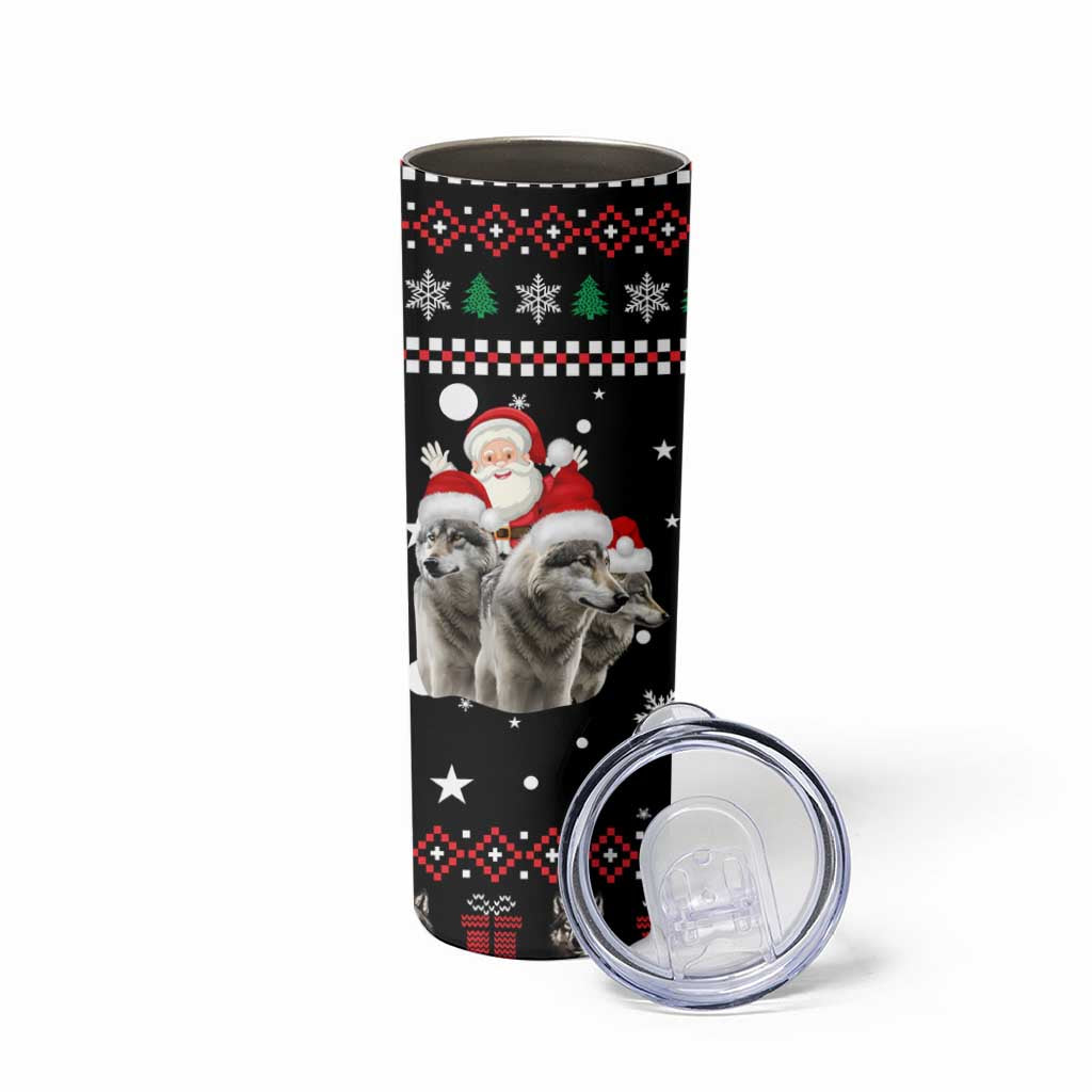 Latvia Christmas Skinny Tumbler with Santa Claus and Wolves in Holiday Pattern Design - Wonder Print Shop