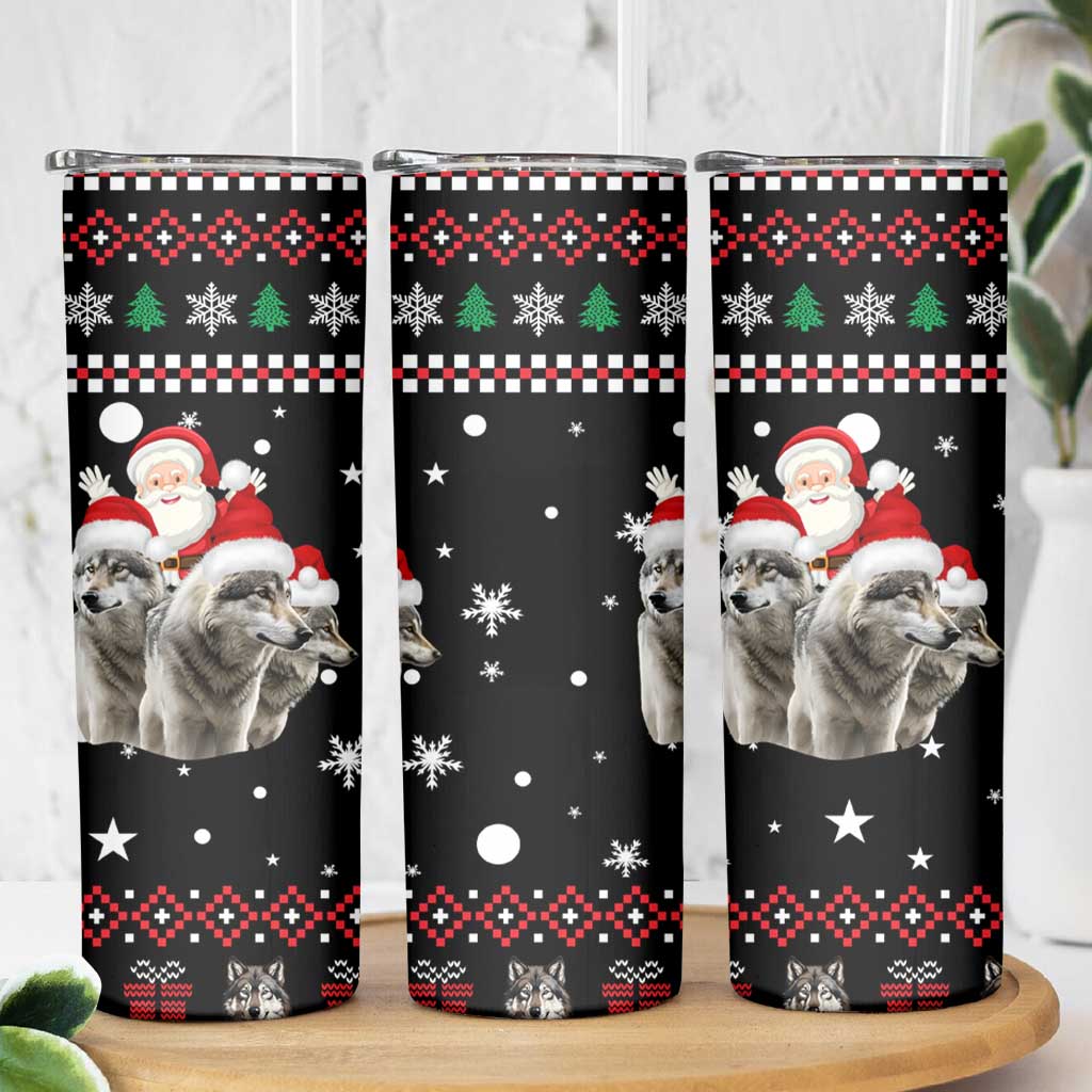 Latvia Christmas Skinny Tumbler with Santa Claus and Wolves in Holiday Pattern Design - Wonder Print Shop