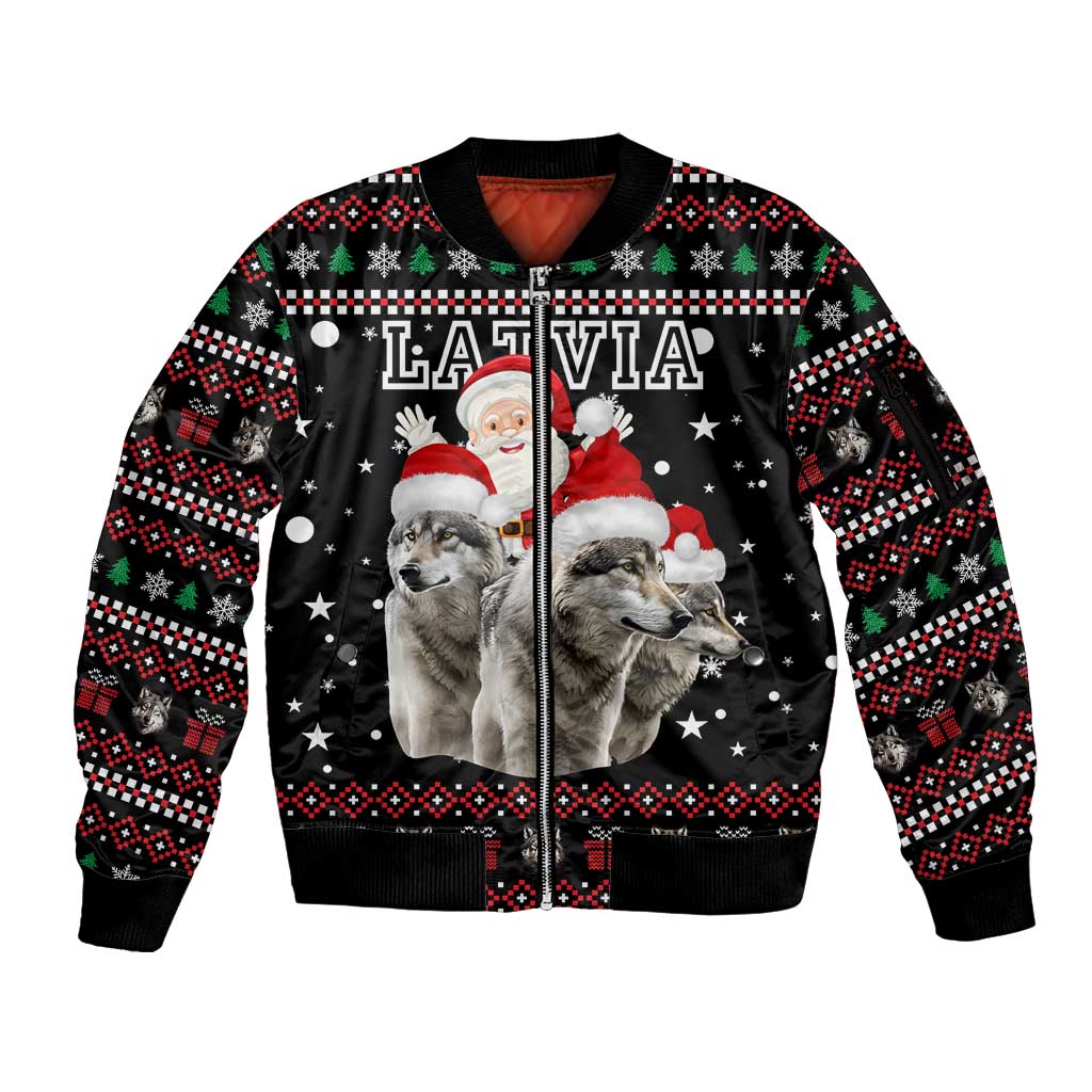 Latvia Christmas Sleeve Zip Bomber Jacket with Santa Claus and Wolves in Holiday Pattern Design - Wonder Print Shop