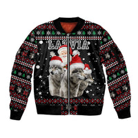 Latvia Christmas Sleeve Zip Bomber Jacket with Santa Claus and Wolves in Holiday Pattern Design - Wonder Print Shop