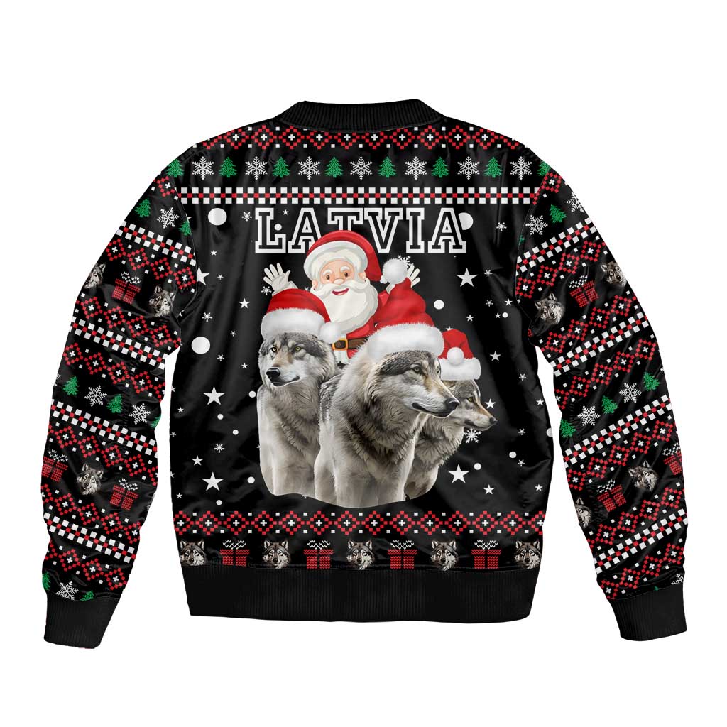 Latvia Christmas Sleeve Zip Bomber Jacket with Santa Claus and Wolves in Holiday Pattern Design - Wonder Print Shop