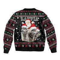 Latvia Christmas Sleeve Zip Bomber Jacket with Santa Claus and Wolves in Holiday Pattern Design - Wonder Print Shop